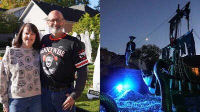 the family transforms its pirate ship display into an immersive halloween experience featuring live actors on october 31